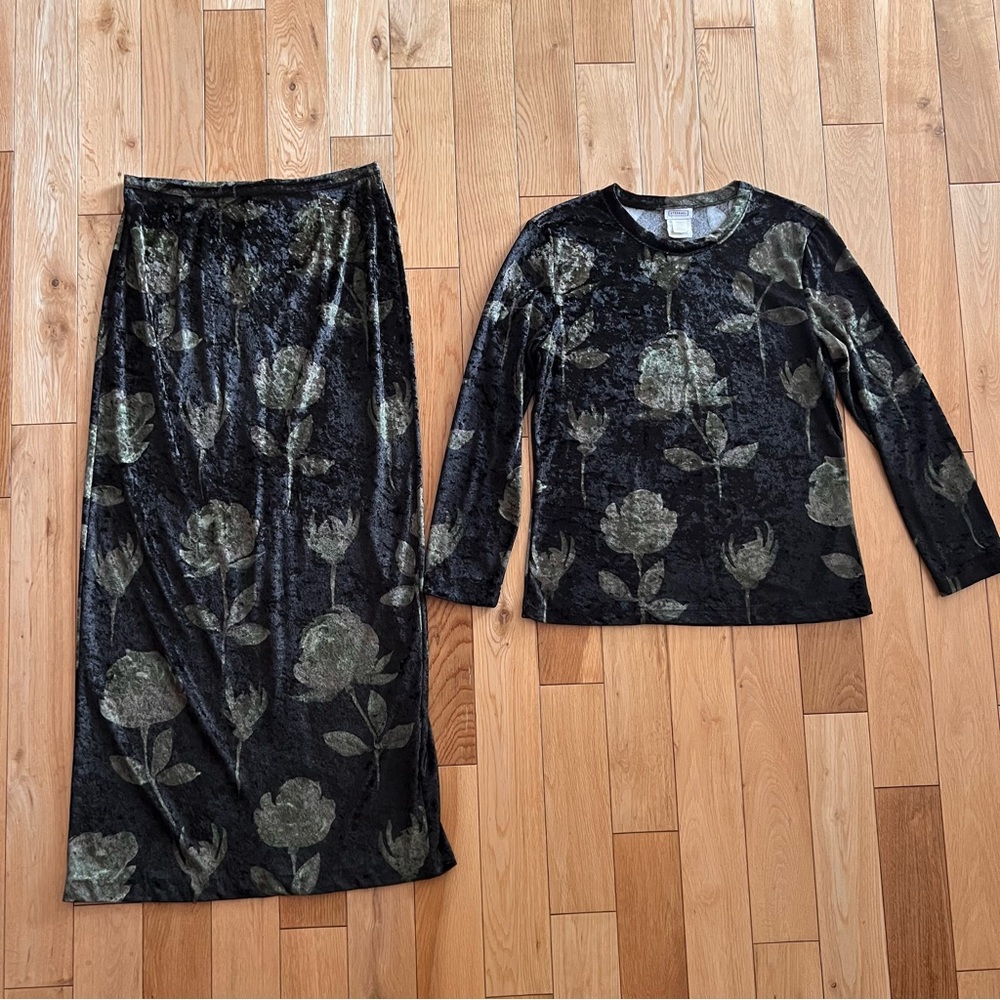 VTG Stefanel Italy Maxi Skirt Long Sleeve Crushed Velvet Green Floral Set M